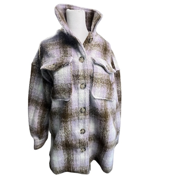 Bagatelle Purple Plaid Women’s Jacket Shacket Button Up Size Small Oversized - Picture 3 of 14